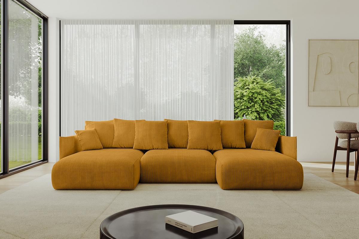 WOHNLANDSCHAFT mit Schlaffunktion und Bettkasten ONESK-U 317x177x72 Senfgelb Cord - Currygelb, Holzwerkstoff/Kunststoff (317/72/177cm) - ALTDECOR