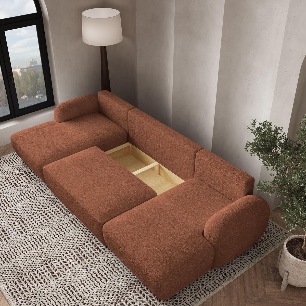 WOHNLANDSCHAFT SAVONA N Orange Boucle-Stoff mit Schlaffunktion - Schwarz/Orange, Holz/Kunststoff (320/90/148cm) - MASSENO
