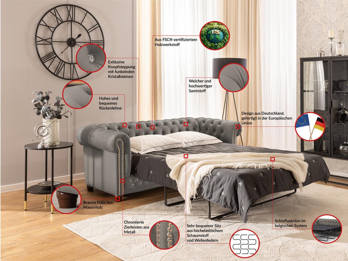 CHESTERFIELD-SOFA 3-Sitzer mit Schlaffunktion Cleo Blink Grau Samt mit Kristallsteppung und braunen Massivholzfüßen - Braun/Grau, Holz/Textil (203/72/86cm) - S-Style
