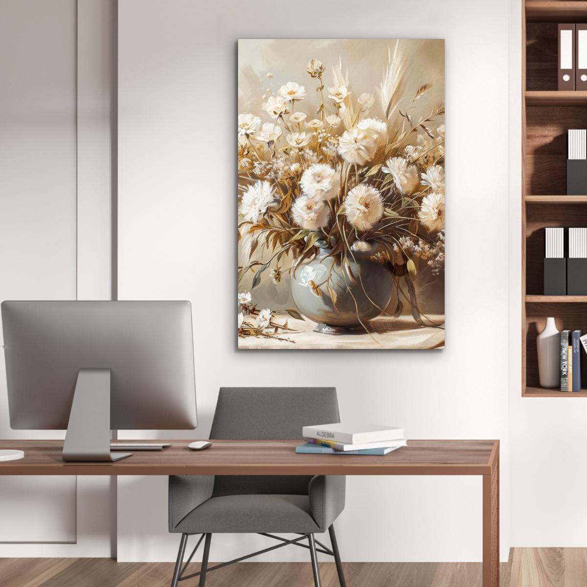 METALLBILD Blumen - Vase - Stilleben - Beige 80x120 cm - Creme, Metall (80/120cm) - MuchoWow
