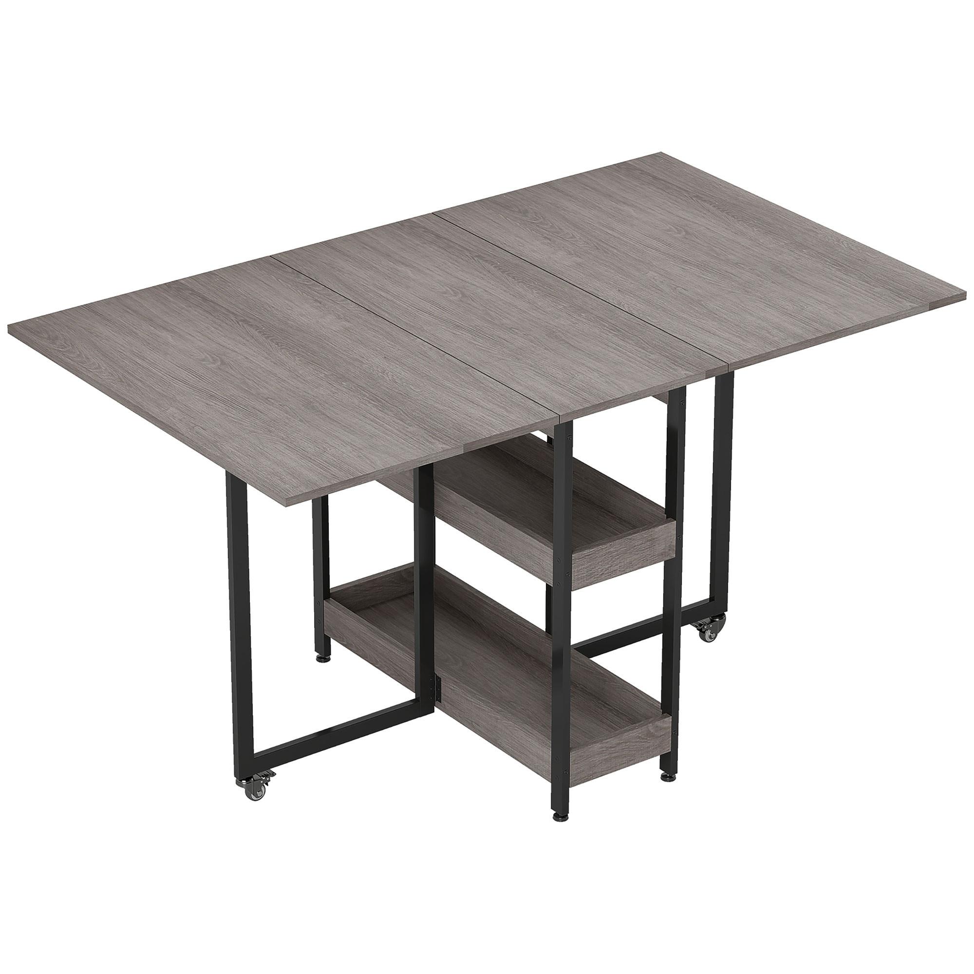 ESSTISCH Klappbar Küchentisch für 2-4 Personen mit 2 Offenen Ablagen, Rollen - Grau, Holz (133.4/80/75cm) - HOMCOM