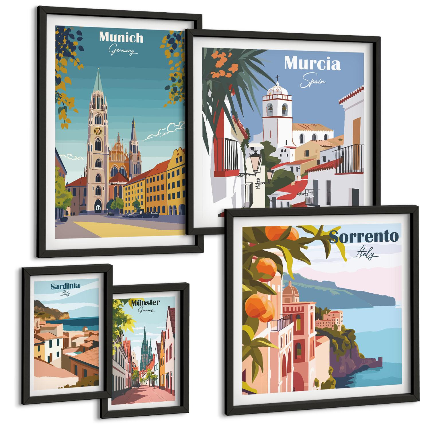 BILDER SET 5er Set - 50x50 cm & 20x30 cm & 40x60 cm Schwarzer Rahmen - Retro-Stadtillustrationen - Schwarz, Kunststoff (40/60cm) - TULUP