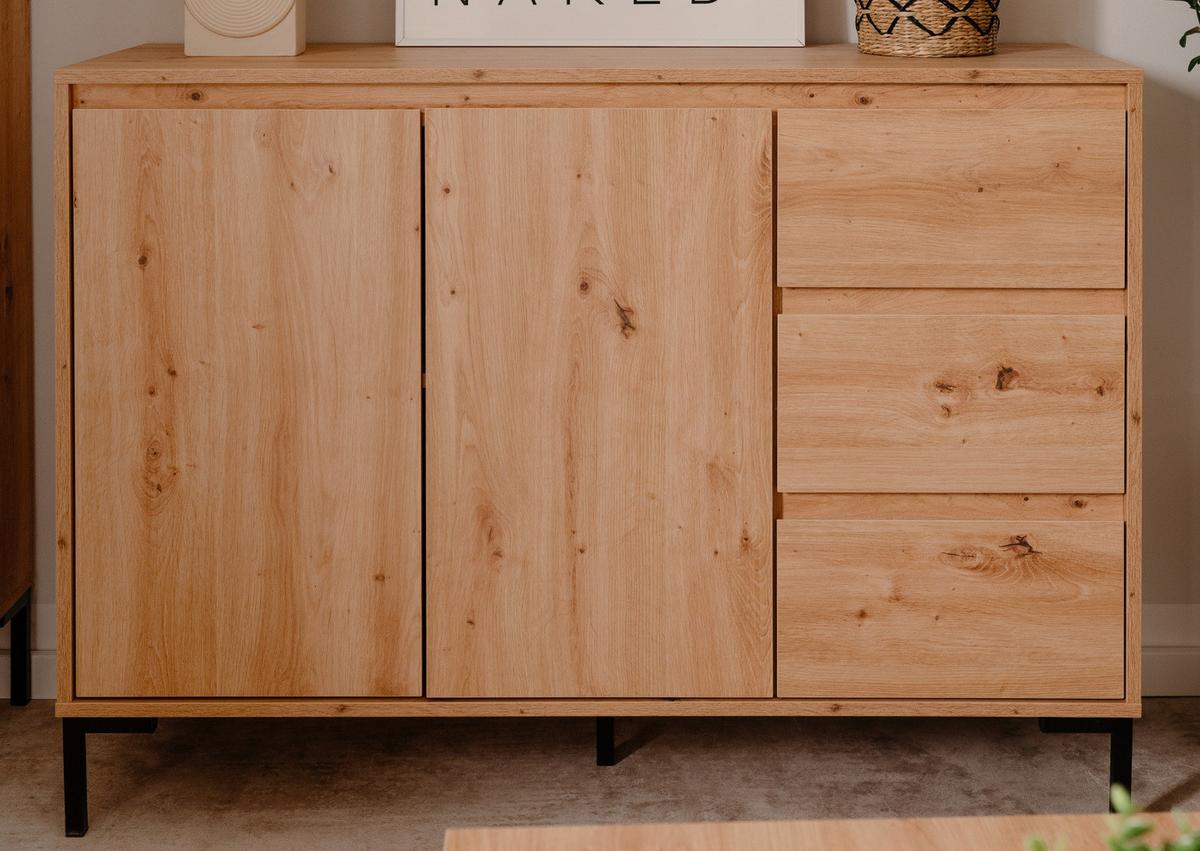 KOMMODE Eiche Artisan 120 cm, Sideboard modern mit viel Stauraum - Schwarz/Eiche Artisan, Holzwerkstoff/Metall (120/87/40cm) - Furn.Design