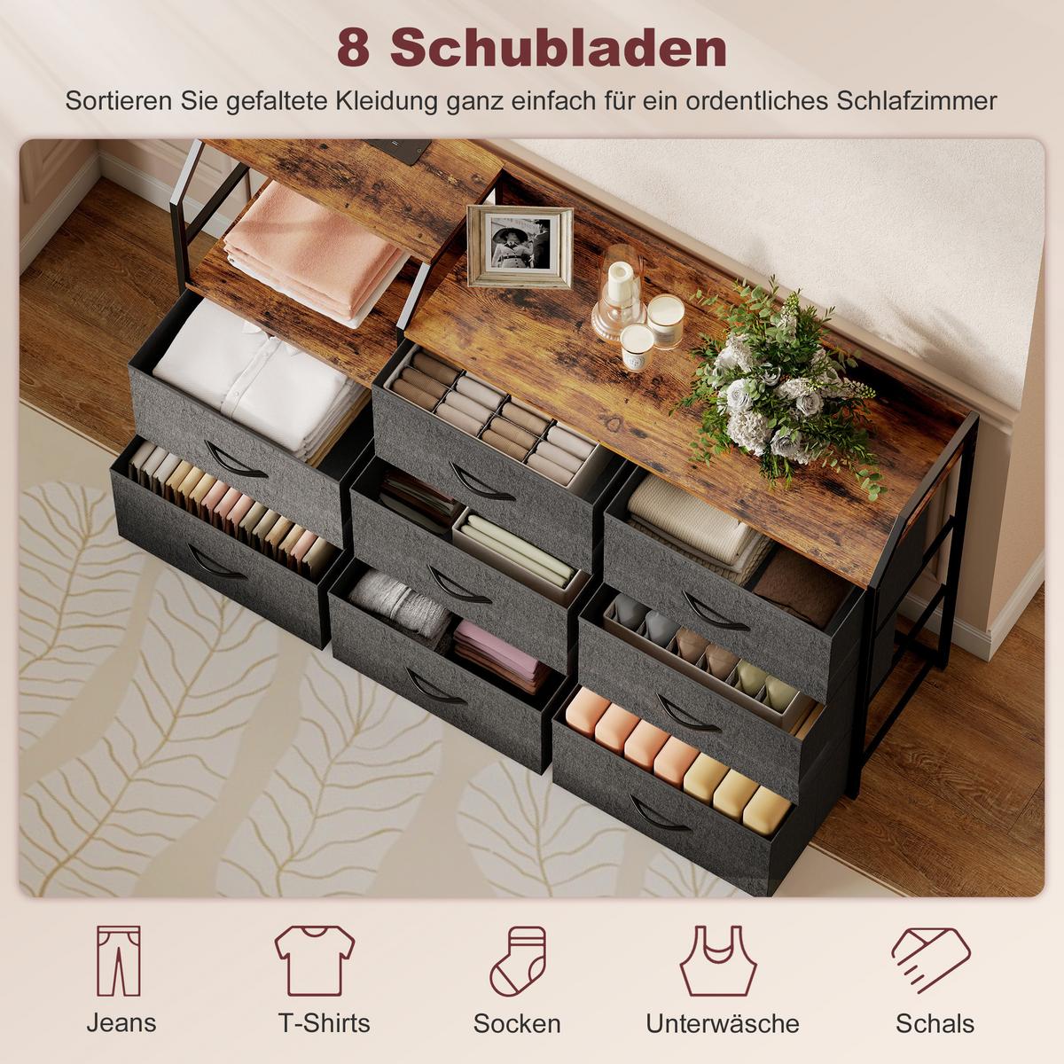 KOMMODE Schrank mit 8 Schubladen aus Vliesstoff Ladestation Haken Stahlrahmen - Multicolor/Schwarz, Kunststoff/Textil (30/88/130.5cm) - HOMCOM