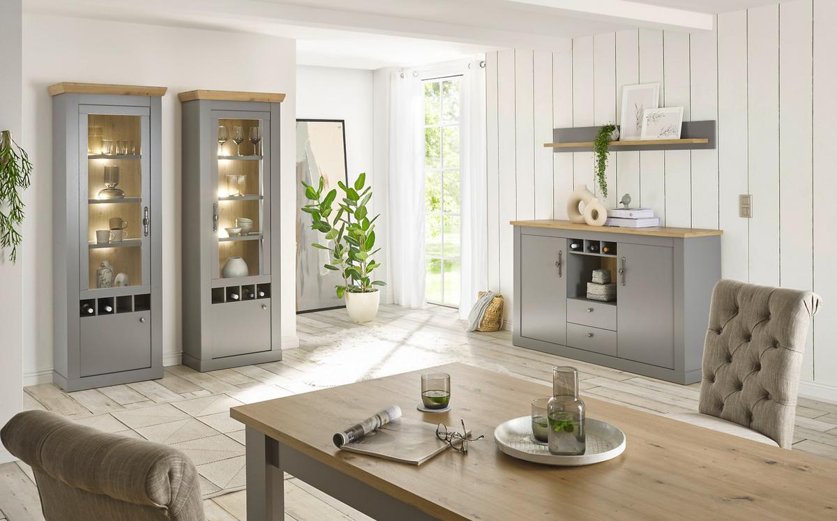 WOHNWAND grau, Artisan Eiche Landhaus 4-teilig 328 cm, Wohnkombination mit viel Stauraum - Silberfarben/Hellgrau, Holzwerkstoff/Metall (328/201/44cm) - Furn.Design