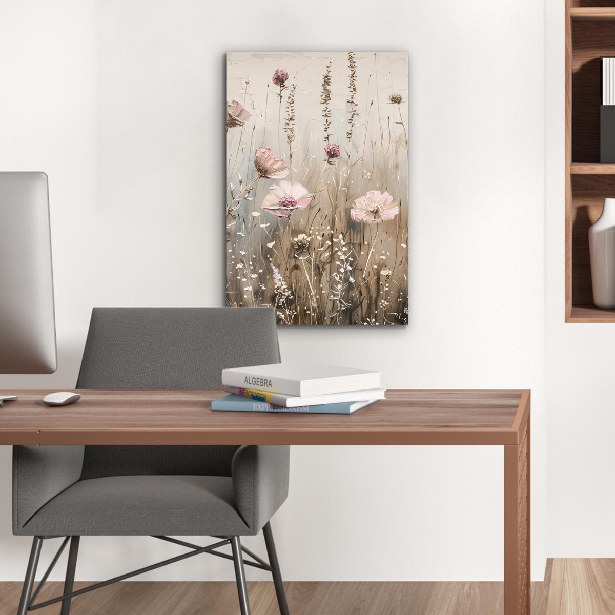 METALLBILD Blumen - Rosa - Modern - Beige Deko Schlafzimmer 40x60 cm - Beige, Metall (40/60cm) - MuchoWow