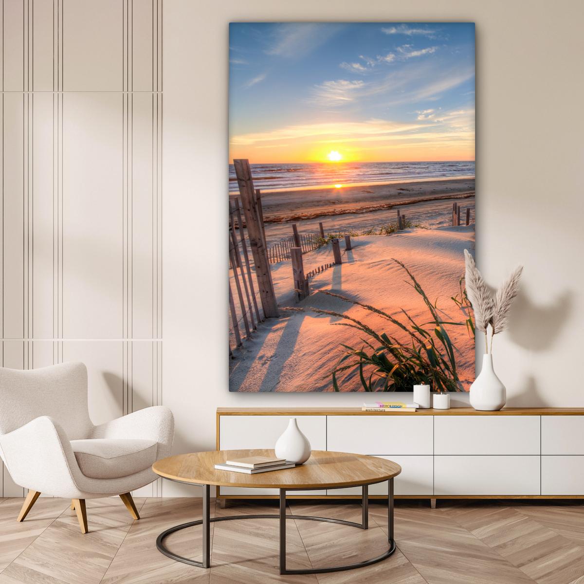 LEINWANDBILD Strand - Meer - Düne - Sonnenuntergang - Landschaft Deko Groß 90x140 cm - Beige, Textil (90/140cm) - MuchoWow