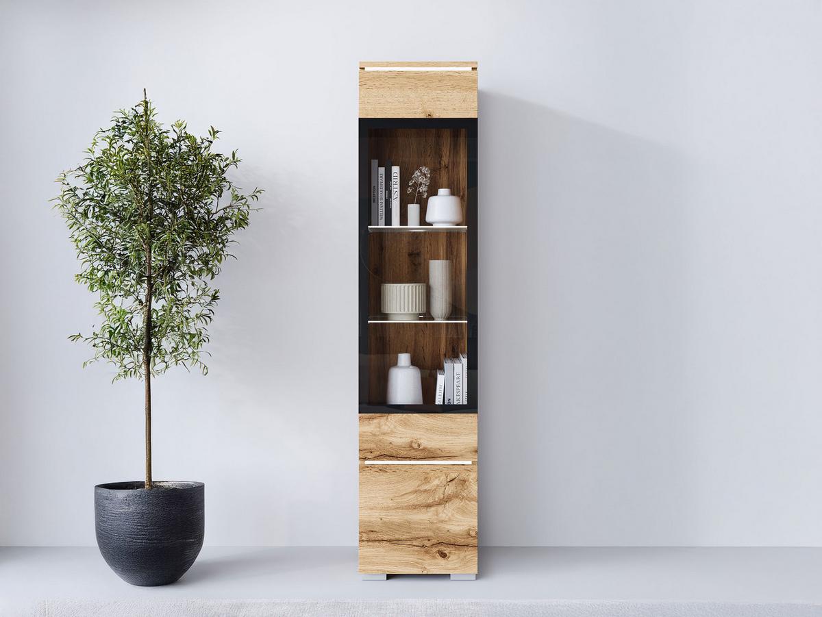 HÄNGEVITRINE Vera 002 mit LED Beleuchtung - Eiche Wotan/Alufarben, Holzwerkstoff/Kunststoff (30/130/33cm) - MIRJAN24