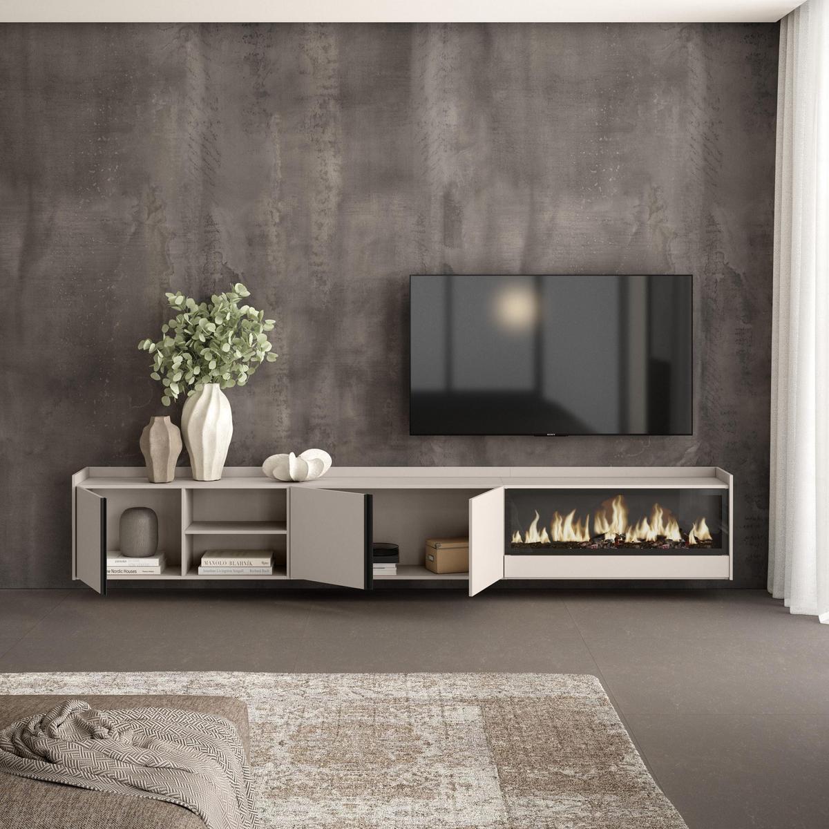 LOWBOARD, Beige, 315/35/50cm, Kamin mit Feuereffekt XXL - Beige, Holzwerkstoff (315/50/35cm) - Skraut Home