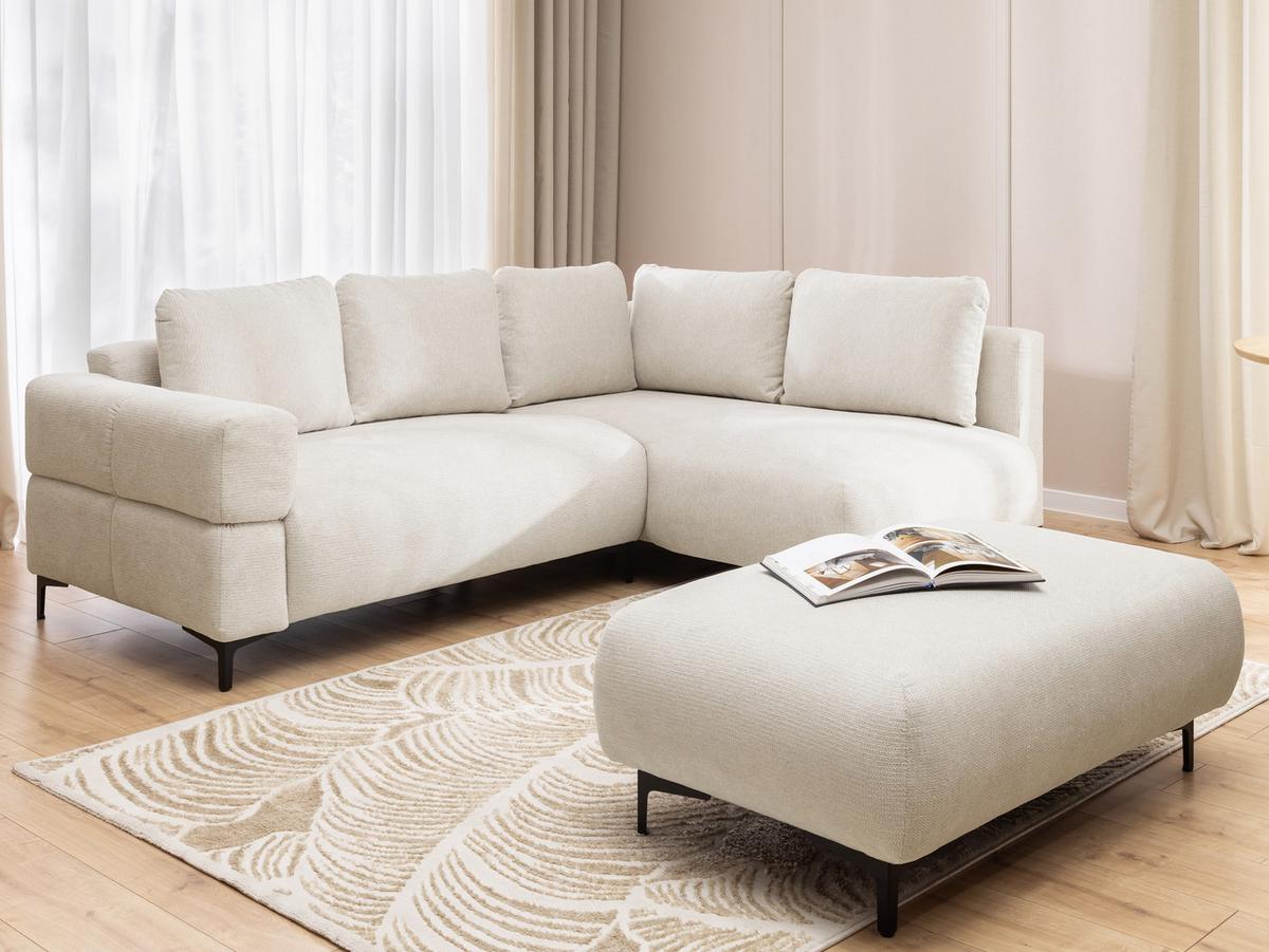 ECKSOFA inkl. Hocker Cardea mit Schlaffunktion in Bubble-Optik aus weichem Creme Strukturstoff und hohem Sitzkomfort - Ottomane rechts - Creme/Schwarz, Holz/Textil (230/170cm) - S-Style