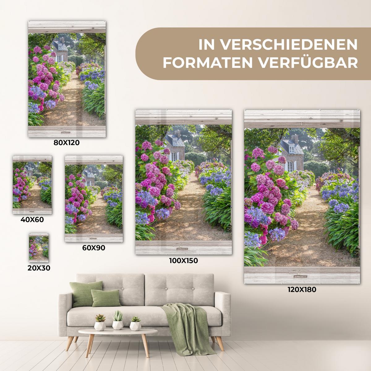 ACRYLGLASBILD Hortensie - Durchsichtig - Blumen - Sommer - Lila - Weg 80x120 cm - Lila, Glas (80/120cm) - MuchoWow