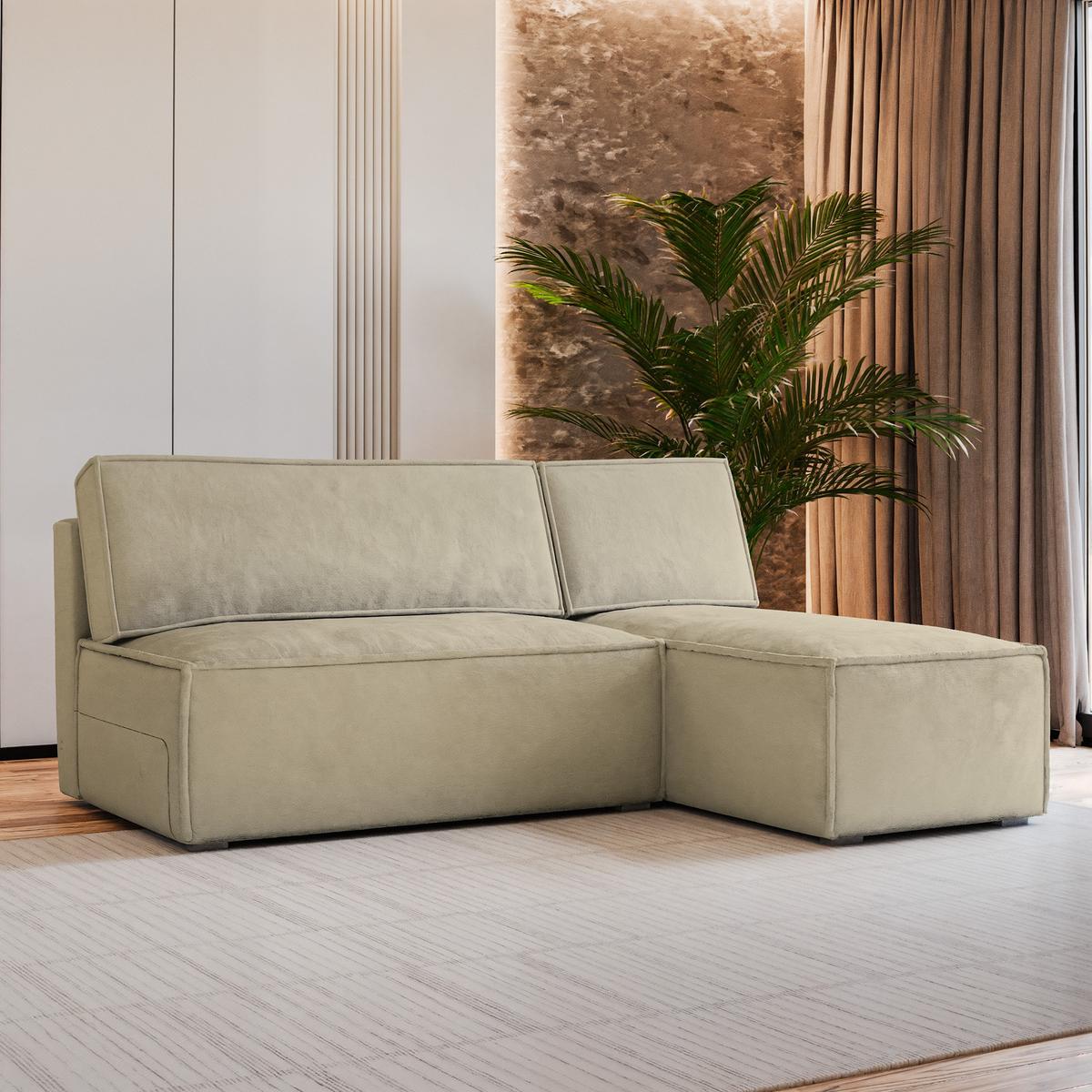 ECKSOFA BRISO M Creme Velours-Stoff mit Schlaffunktion - Creme/Grau, Holz/Kunststoff (200/140cm) - MASSENO