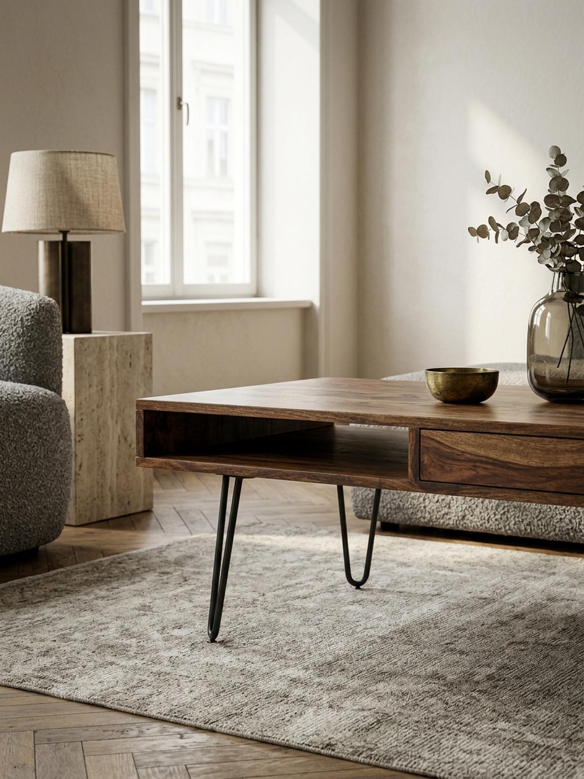 COUCHTISCH BALU mit Schubfächern aus Massivholz und Metallfüßen, leichter Aufbau, Braun 110x60x40 cm - Schwarz/Braun, Holz/Metall (60/110/40cm) - KADIMA DESIGN