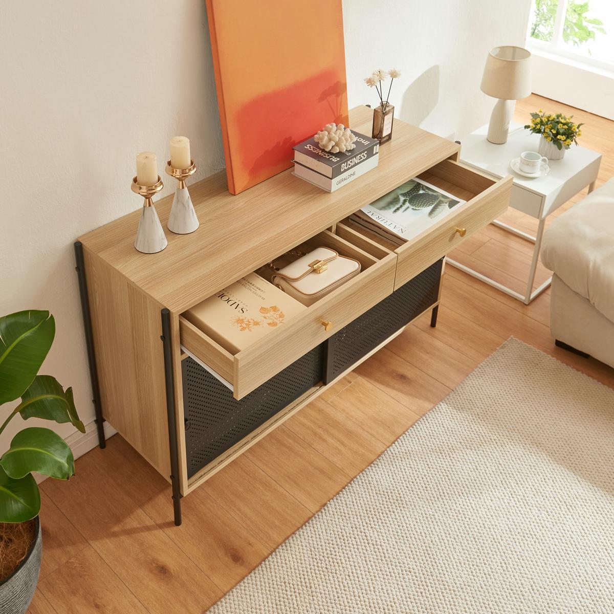 FERNSEHSCHRANK Tysnes - Eichefarben/Schwarz, Holzwerkstoff/Metall (40/75/120cm) - [en.casa]