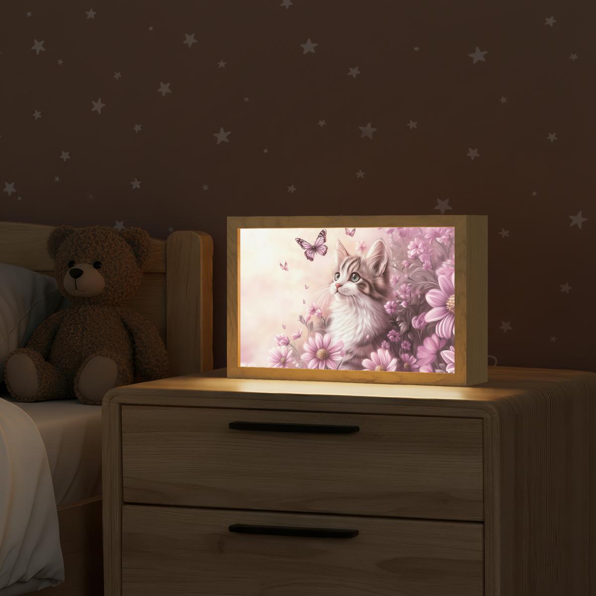 NACHTTISCHLAMPE Kätzchen - Blumen - Schmetterlinge - Lila 30x20 cm - Altrosa, Holzwerkstoff (8/30/20cm) - OnlyWow