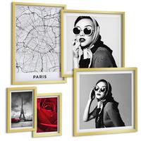 BILDER SET 5er Set - 50x50 cm & 20x30 cm & 40x60 cm Goldrahmen - Pariserin mit Eiffelturmbrille - Goldfarben, Kunststoff (40/60cm) - TULUP