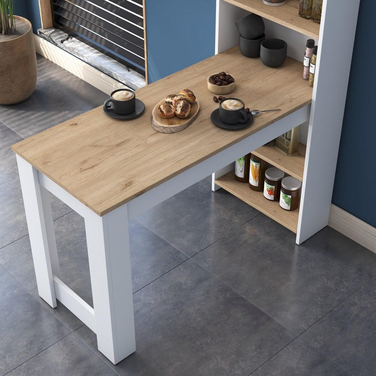 KÜCHENTISCH mit integriertem Regal Weiß und Holzdekor 120/153,6/53,8 cm - Weiß, Holzwerkstoff (53.8/153.6/55.5cm) - Calicosy