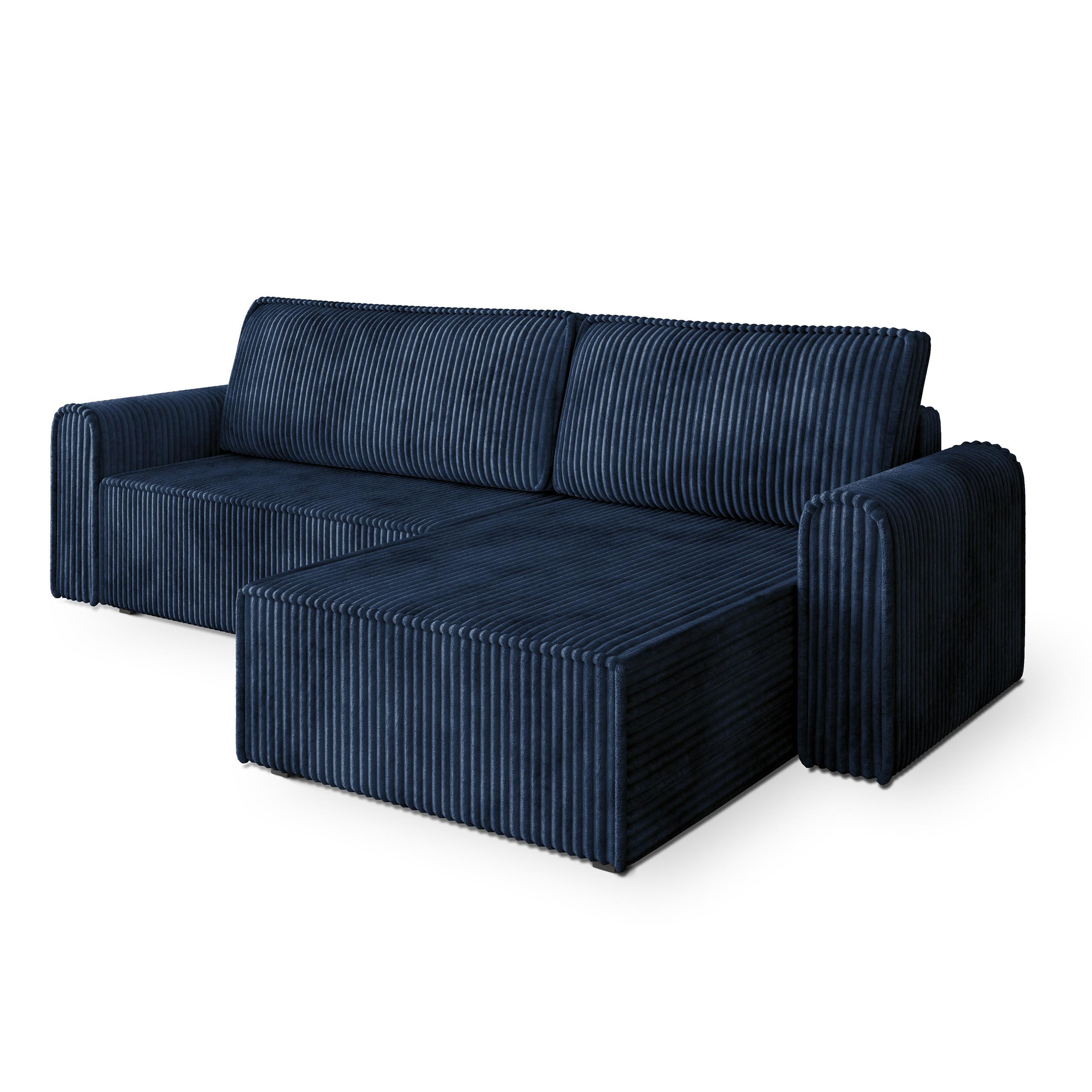 ECKSOFA VALTINO Blau Kordstoff mit Schlaffunktion - Blau, Holz (275/148cm) - MASSENO