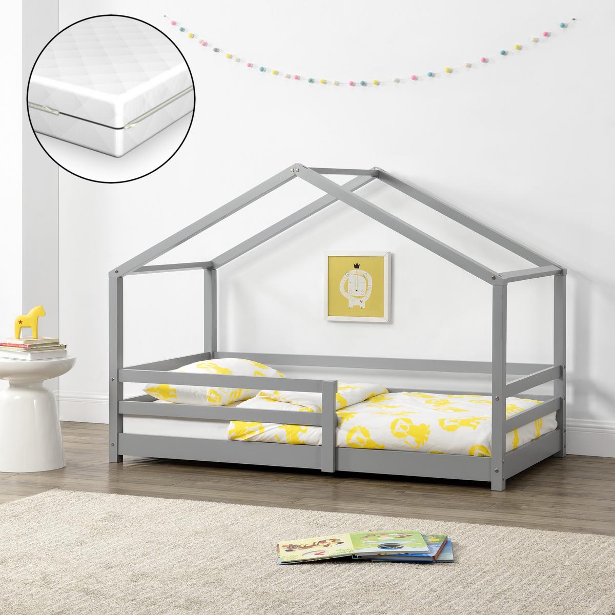 HAUSBETT Knätten mit Matratze - Hellgrau, Holz/Textil (70/140cm) - [en.casa]