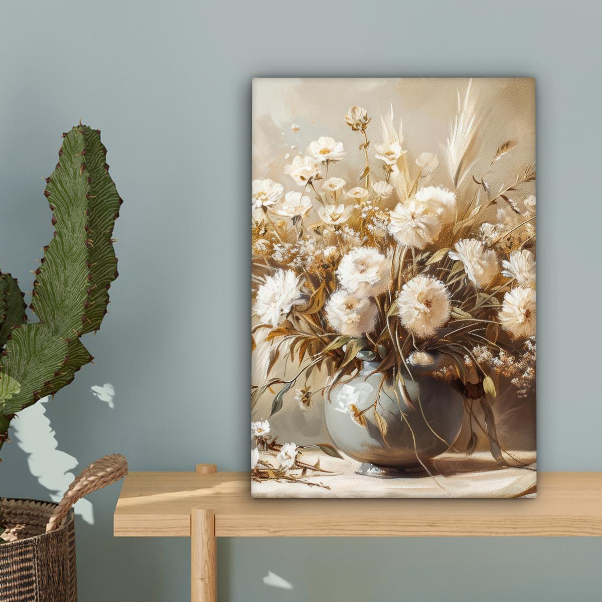 LEINWANDBILD Blumen - Vase - Stilleben - Beige Deko Wohnzimmer 20x30 cm - Creme, Textil (20/30cm) - MuchoWow