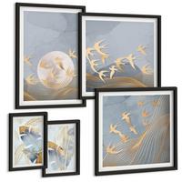 BILDER SET 5er Set - 50x50 cm & 20x30 cm & 40x60 cm Schwarzer Rahmen - Blaubeige Blätter im Hintergrund - Schwarz, Kunststoff (40/60cm) - TULUP