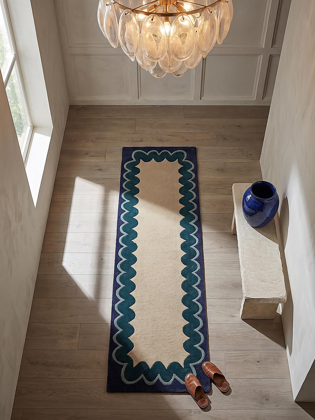TEPPICHLÄUFER handgetuftet WAVENEY, Zickzack-Wellenbordüre, Petrol, 80 x 230 cm - Türkis, Textil (80/230cm) - KADIMA DESIGN