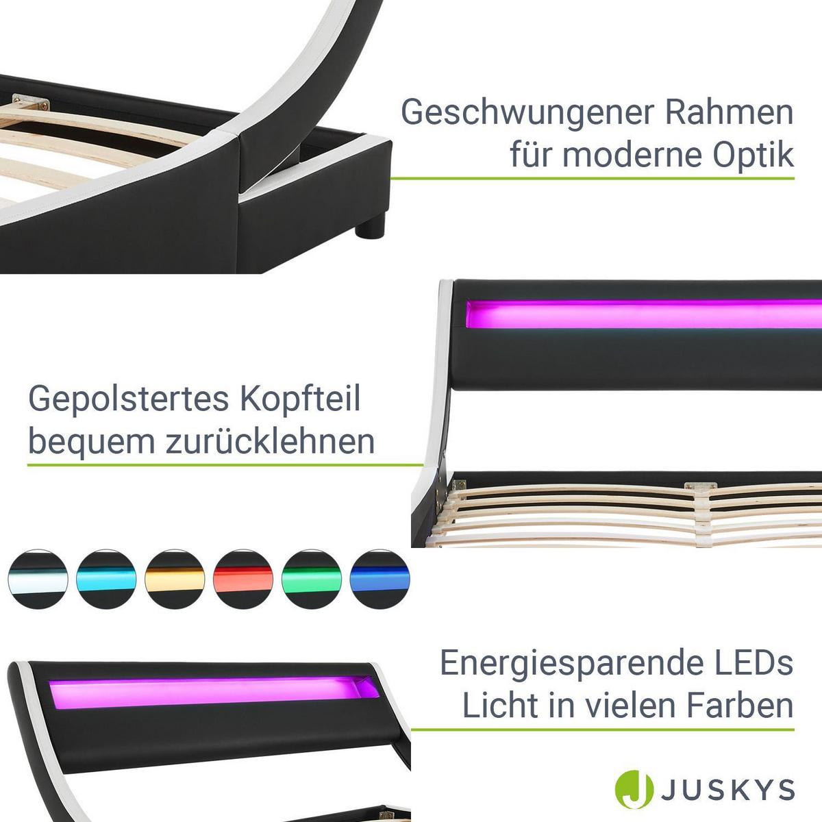 POLSTERBETT Valencia schwarz 180x200cm mit Matratze und LED (16 Farben) - Schwarz, Textil (180/200cm) - Juskys