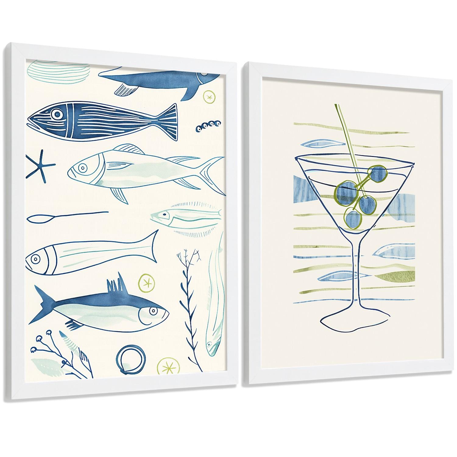 POSTER 2er Set Küchen-Wandbilder Fische Strichzeichnung und Martini Aquarell Minimalistisch Wanddeko Rahmenlos A3 - Weiß, Papier (29.7/1/42cm) - Nacnic