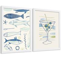 POSTER 2er Set Küchen-Wandbilder Fische Strichzeichnung und Martini Aquarell Minimalistisch Wanddeko Rahmenlos A3 - Weiß, Papier (29.7/1/42cm) - Nacnic