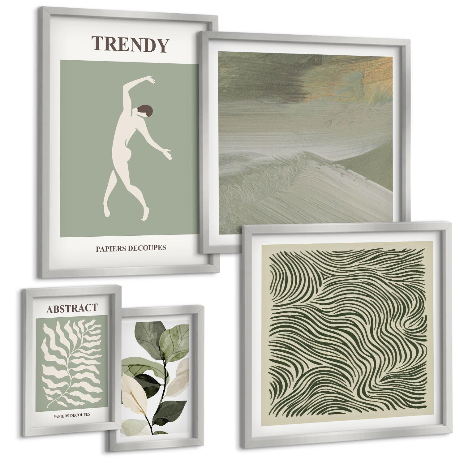 BILDER SET 5er Set - 50x50 cm & 20x30 cm & 40x60 cm Silberner Rahmen - Abstrakte Pflanzenmuster - Silberfarben, Kunststoff (40/60cm) - TULUP