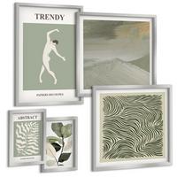 BILDER SET 5er Set - 50x50 cm & 20x30 cm & 40x60 cm Silberner Rahmen - Abstrakte Pflanzenmuster - Silberfarben, Kunststoff (40/60cm) - TULUP