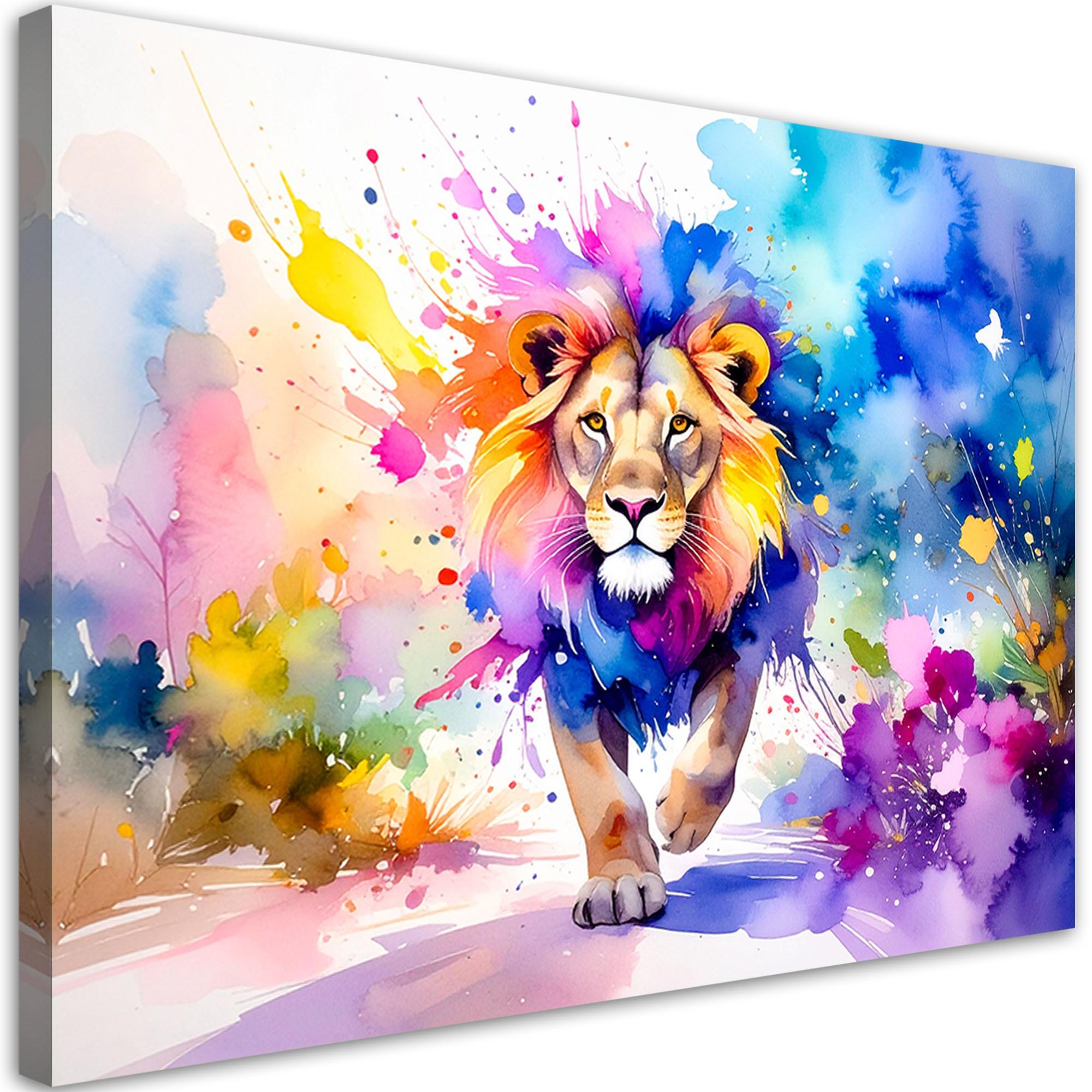 LEINWANDBILD Bunter Löwe im Dschungel Aquarell 100x70cm - Multicolor, Textil (100/70cm) - Feeby