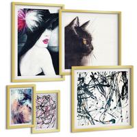 BILDER SET 5er Set - 50x50 cm & 20x30 cm & 40x60 cm Goldrahmen - Hintergrundmuster mit Pastellblumen - Goldfarben, Kunststoff (40/60cm) - TULUP
