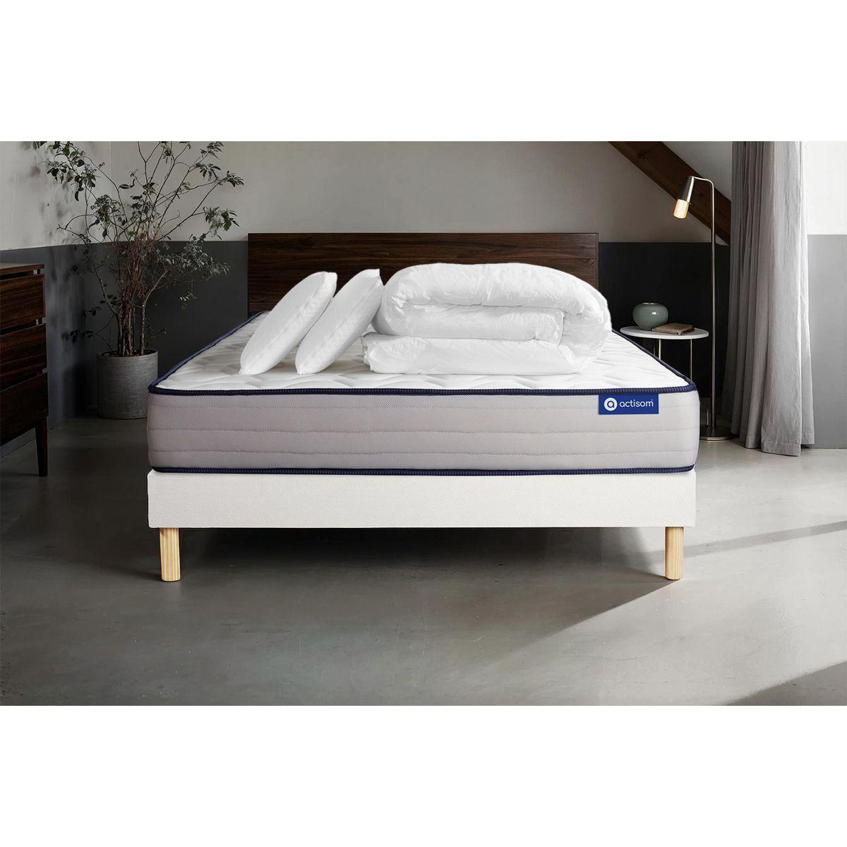 BETT Actiflex form Taschenfederkern und Memory-Schaum 140 x 200 cm h3 - Kit Bettgestell Weiß - Mit Kissen und Bettdecke - Beige/Weiß, Karton/Holz (140/200cm) - ACTISOM