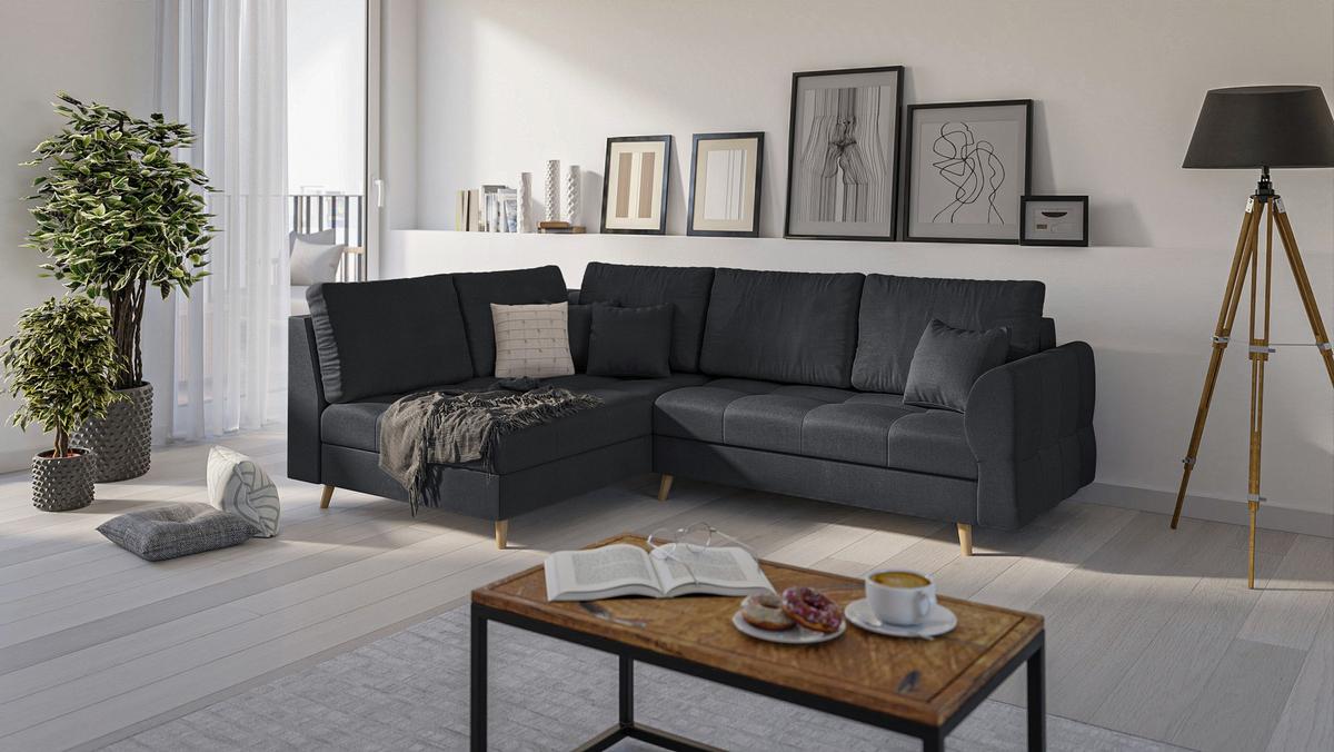 ECKSOFA MIT HOCKER Lorine Mikrofaser Anthrazit - Hellbraun/Anthrazit, Buchenholz/Textil (231/161cm) - S-Style Möbel