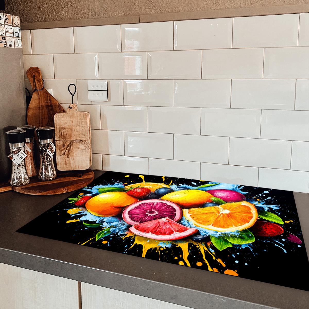 HERDABDECKPLATTE Obst - Graffiti - Bunt - Orange - Erdbeere - Abstrakt Ceranfeldabdeckung 78x52 cm - Orange, Kunststoff (78/52/0.2cm) - MuchoWow