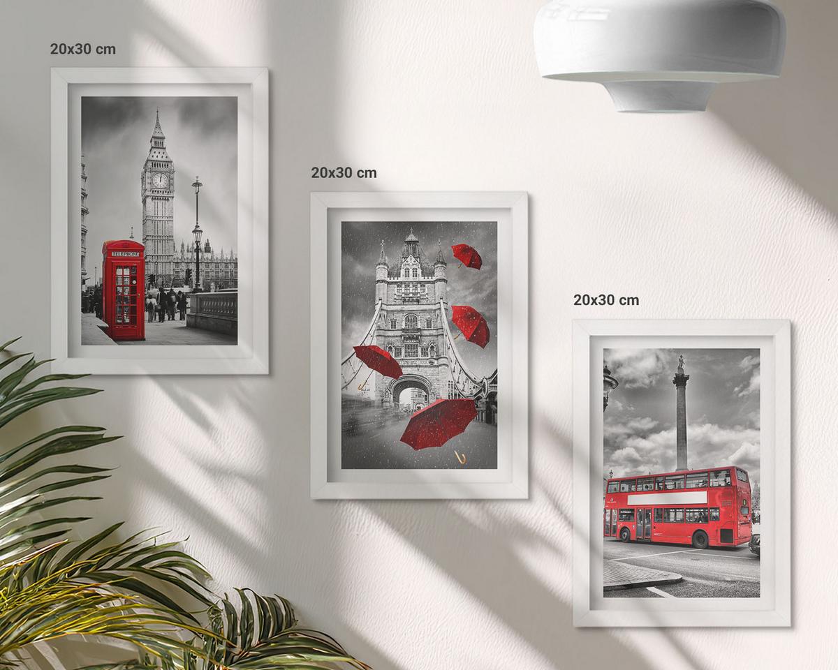 BILDER SET 3er Set - 20x30 cm Weißer Rahmen - Roter Regenschirmstand und Londoner Bus - Weiß, Kunststoff (20/30cm) - TULUP