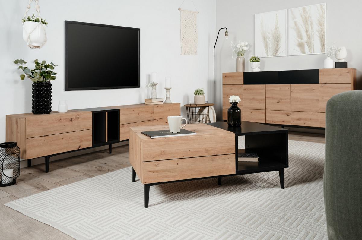 SIDEBOARD Eiche Artisan, schwarz 180 cm, Kommode 5-türig, viel Stauraum - Schwarz/Eiche Artisan, Holzwerkstoff (180/90/42cm) - Furn.Design