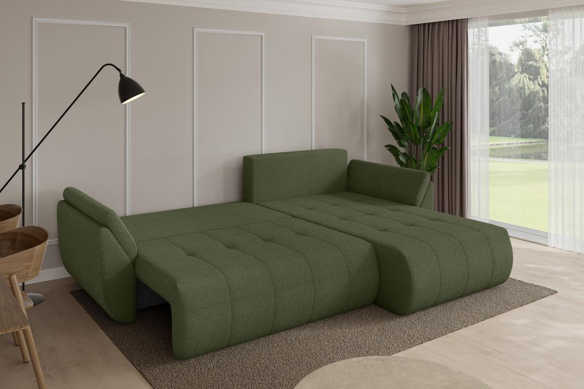 ECKSOFA mit Schlaffunktion Ottomane Rechts TOKO-L 277x194x86 Grün Bouclé - Schwarz/Olivgrün, Holzwerkstoff/Kunststoff (277/194cm) - ALTDECOR