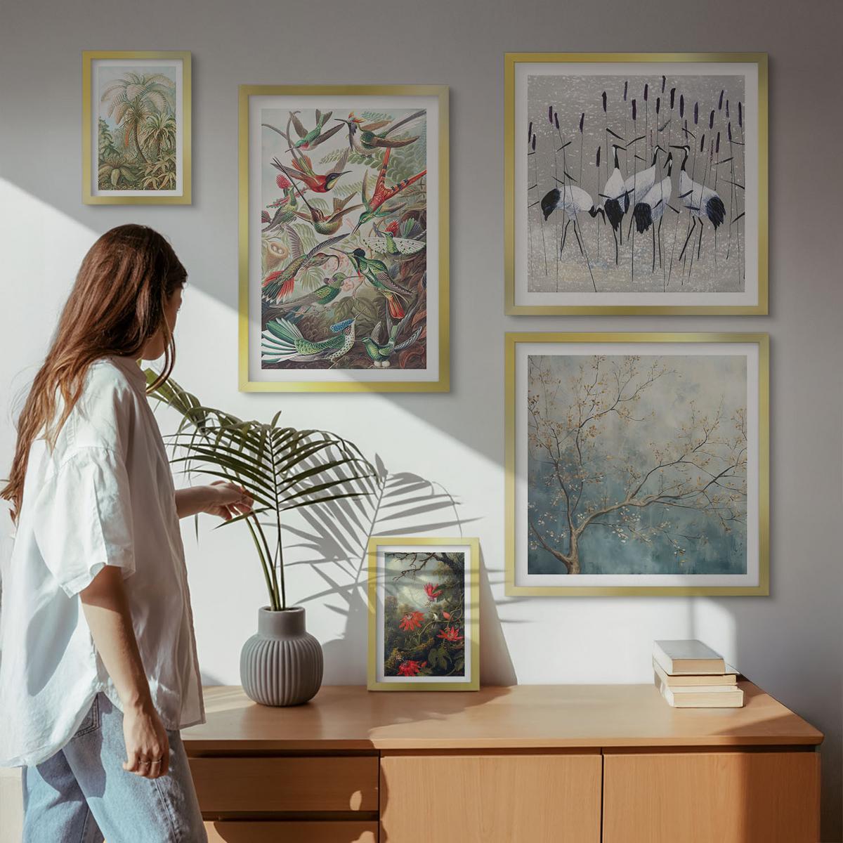 BILDER SET 5er Set - 50x50 cm & 20x30 cm & 40x60 cm Goldrahmen - Pastellfarbene Berglandschaft mit rosa Flamingos - Goldfarben, Kunststoff (40/60cm) - TULUP
