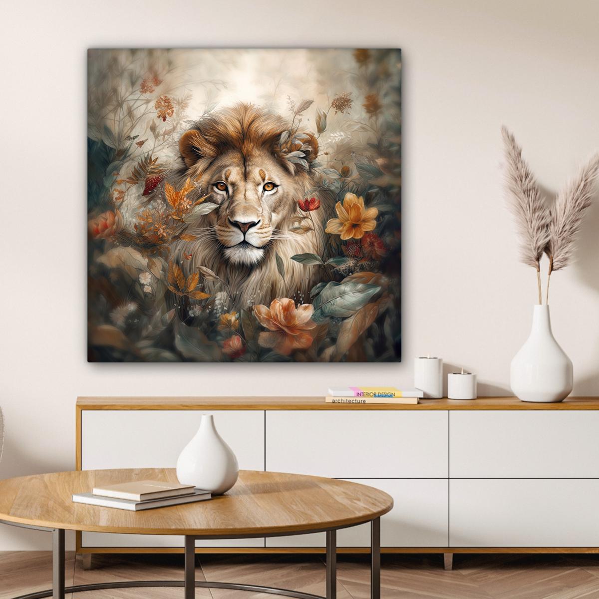 LEINWANDBILD Löwe - Wildtiere - Pflanzen - Natur - Blumen Deko Groß 90x90 cm - Beige, Textil (90/90cm) - MuchoWow