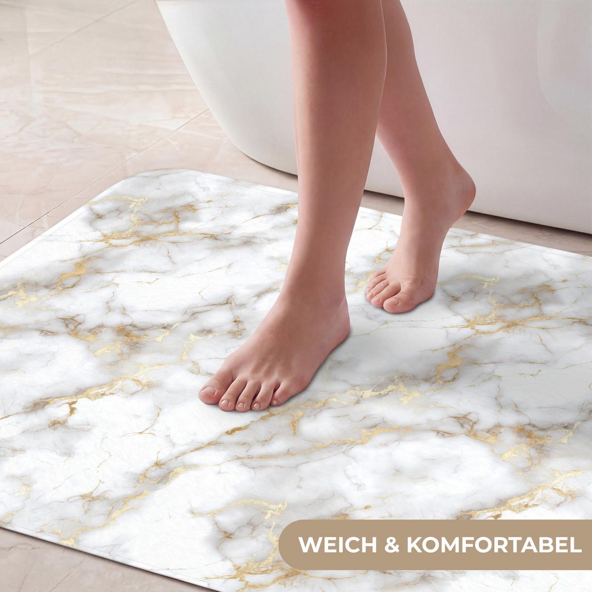 BADEMATTE Goldene Adern - Marmor - Weiß 90x60 cm - Weiß, Textil (90/60cm) - OnlyWow