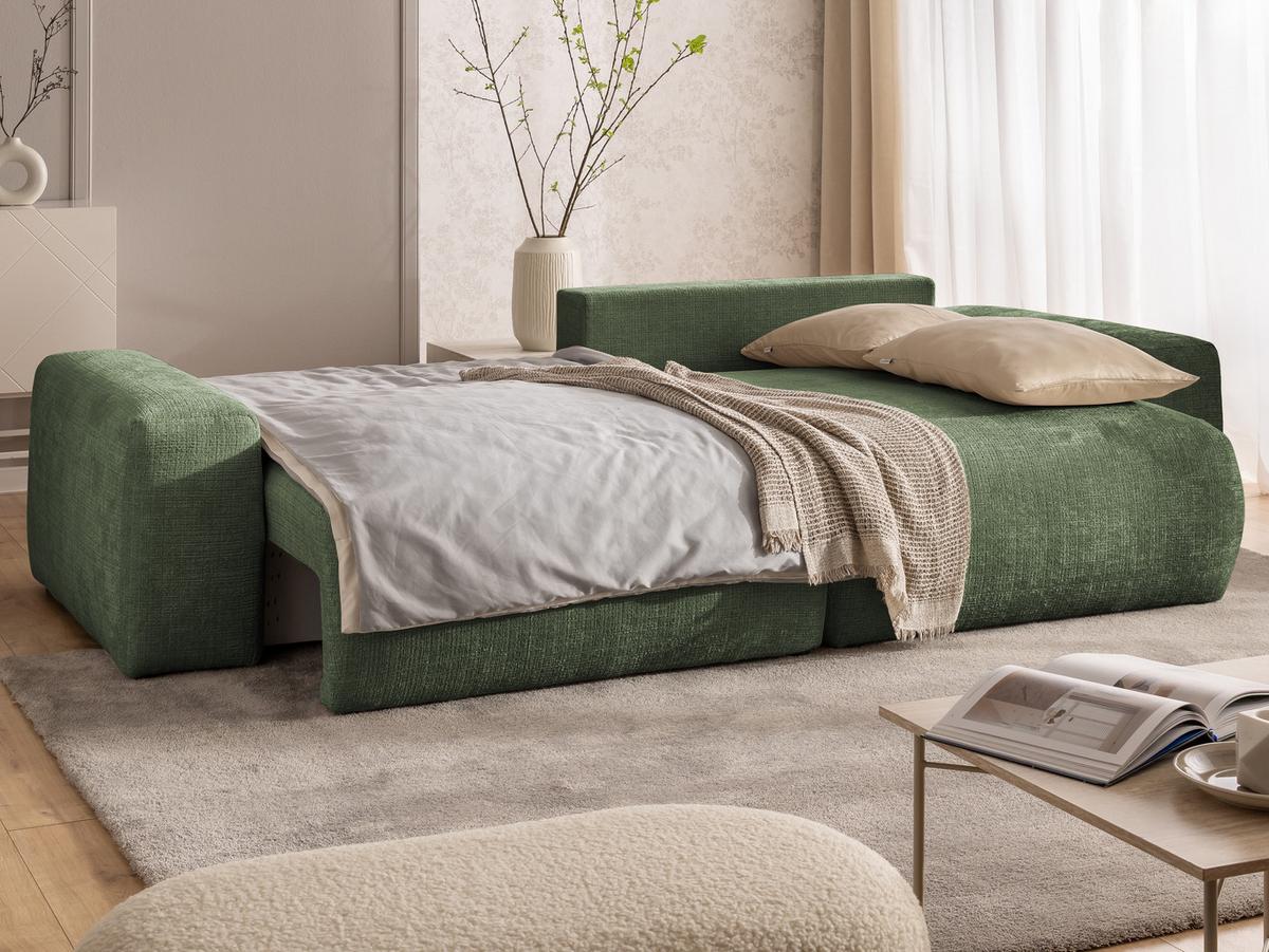 ECKSOFA Puffy mit Schlaffunktion und Bettkasten - besonders weich und puffig aus Grün Chenille-Stoff - Ottomane rechts - Schwarz/Grün, Holz/Kunststoff (266/138cm) - S-Style Möbel