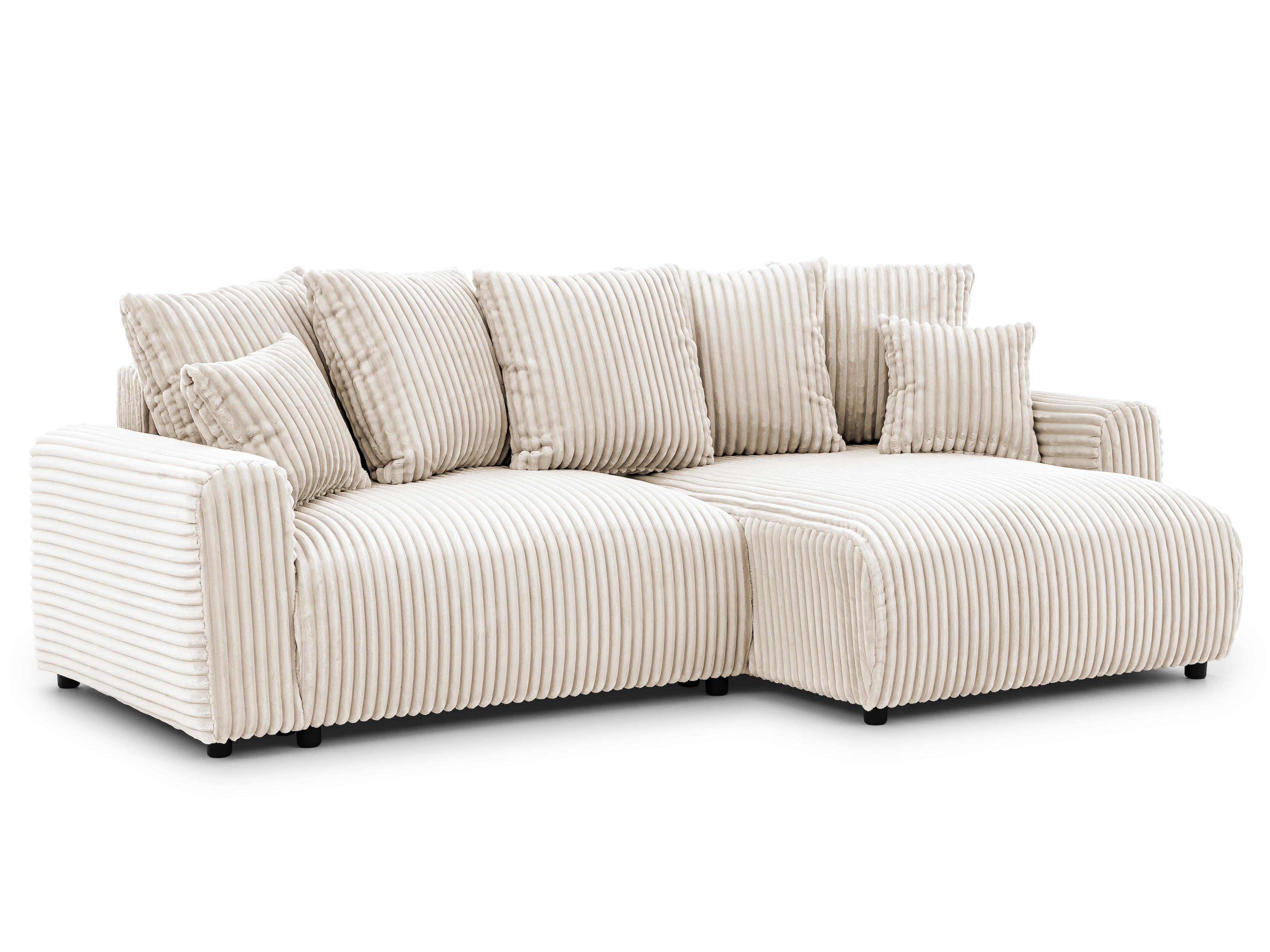 ECKSOFA Calma mit Schlaffunktion und Bettkasten im Bumpy-Design aus weichem Creme Plüschcord - Ottomane rechts - Creme/Schwarz, Holz/Kunststoff (140/239cm) - S-Style