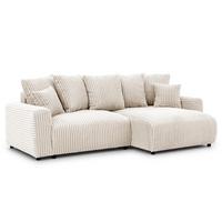 ECKSOFA Calma mit Schlaffunktion und Bettkasten im Bumpy-Design aus weichem Creme Plüschcord - Ottomane rechts - Creme/Schwarz, Holz/Kunststoff (140/239cm) - S-Style