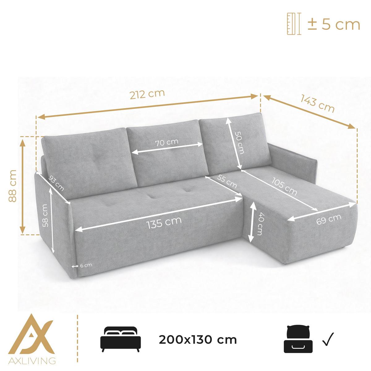 ECKSOFA L Form Damascus Hellgrau 212/143/88 cm Links mit Schlaffunktion - Hellgrau/Schwarz, Kunststoff/Textil (143/212cm) - AX Living