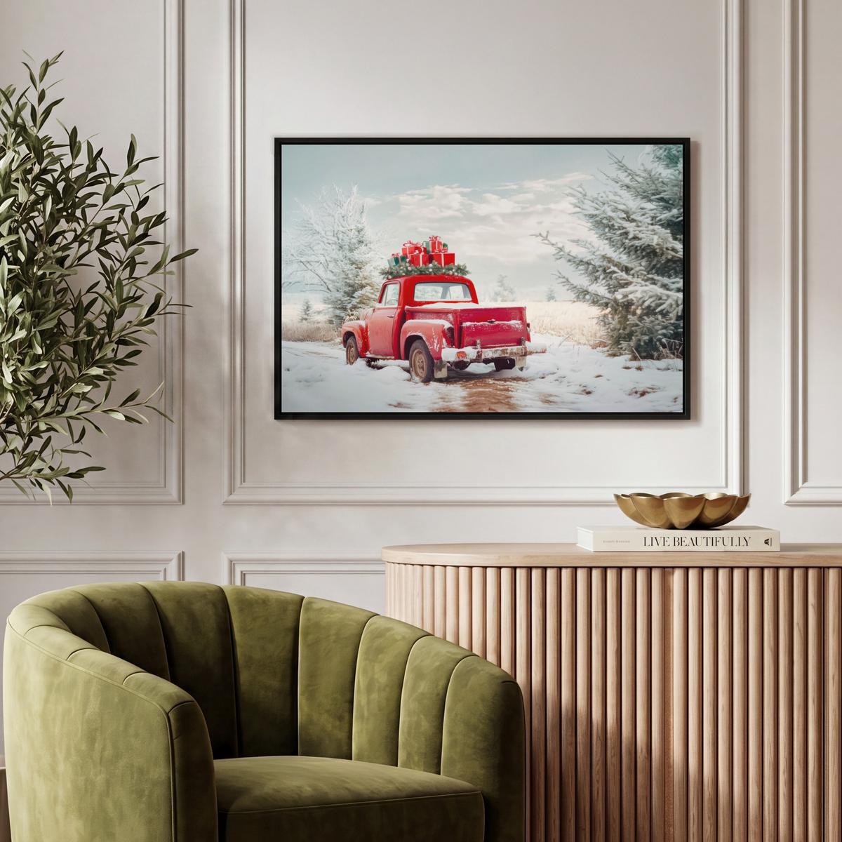 LEINWAND Bilder mit Rahmen - Auto - Rot - Geschenke - Winter - Schnee - Weihnachten - 60x40 - Rot, Textil (60/40cm) - MuchoWow