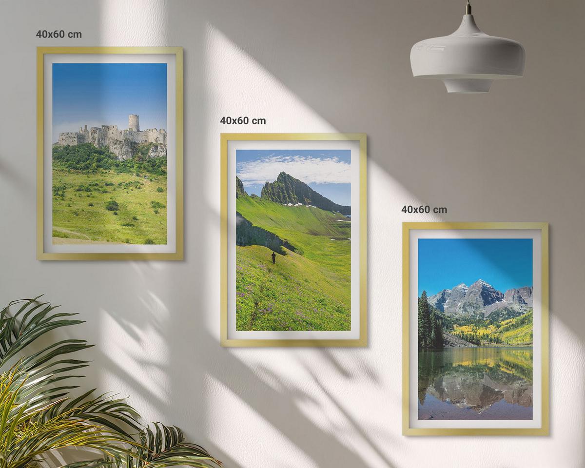 BILDER SET 3er Set - 40x60 cm Goldrahmen - Grüne Hügel mit einer Burg - Goldfarben, Kunststoff (40/60cm) - TULUP