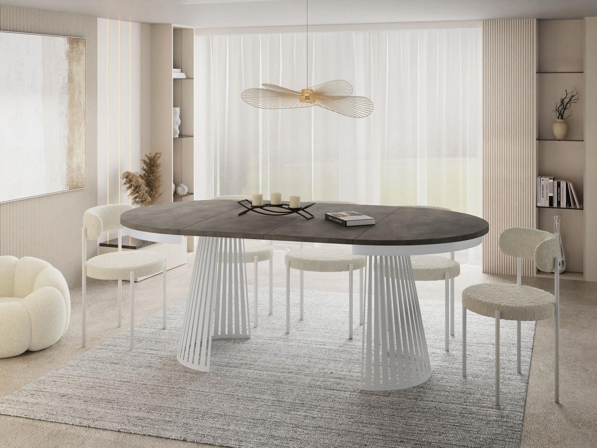 ESSTISCH Naro rund ausziehbar mit Weißem Lamellen-Metallgestell, Beton-Optik Dunkelgrau 120-200/120/76 cm - Dunkelgrau/Weiß, Holzwerkstoff/Metall (120/196/76cm) - WFL GROUP