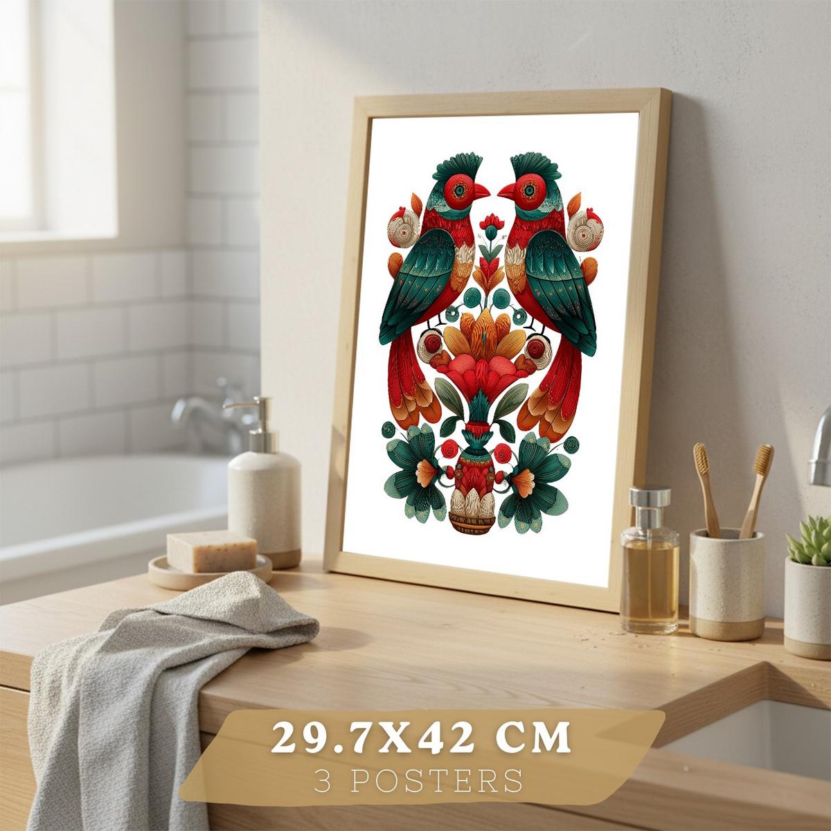 POSTER 3er-Set Kunstdrucke im Folk-Stil, dekorative Tier Blumenmotive, farbenfrohe Kunstposter für Zuhause, Badezimmer Leichter Holzrahmen A3 - Beige, Papier (42/29.7/3cm) - Nacnic